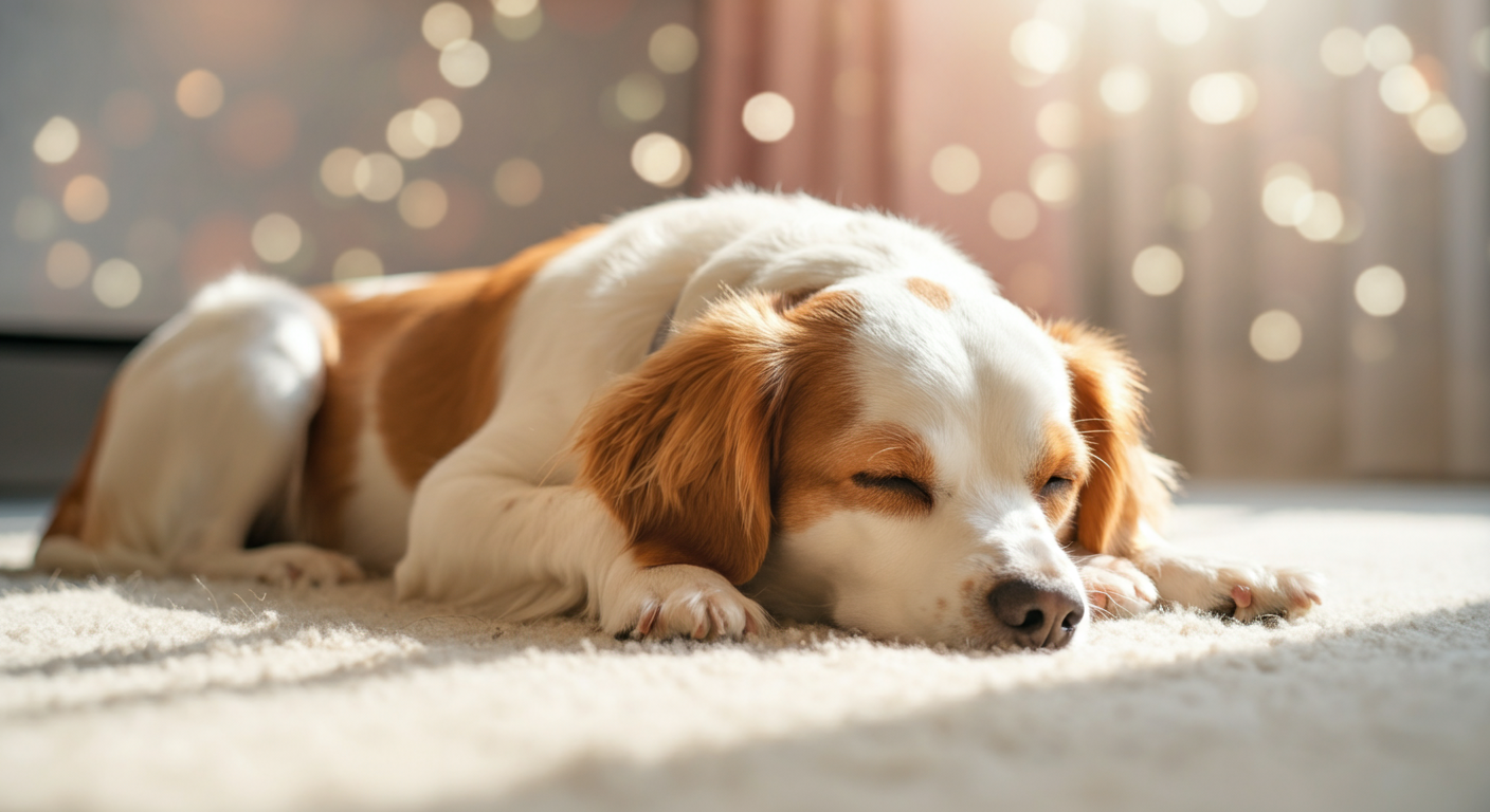 パステルカラーの柔らかい光の中で、穏やかな表情で安らかに眠る一匹の犬。