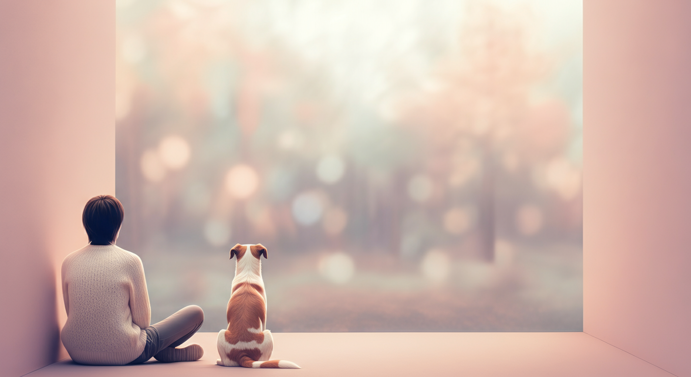 公園の静かな隅で、人と一匹の犬が同じ方向を向いて穏やかに座っている。背景はパステル調にぼけている。