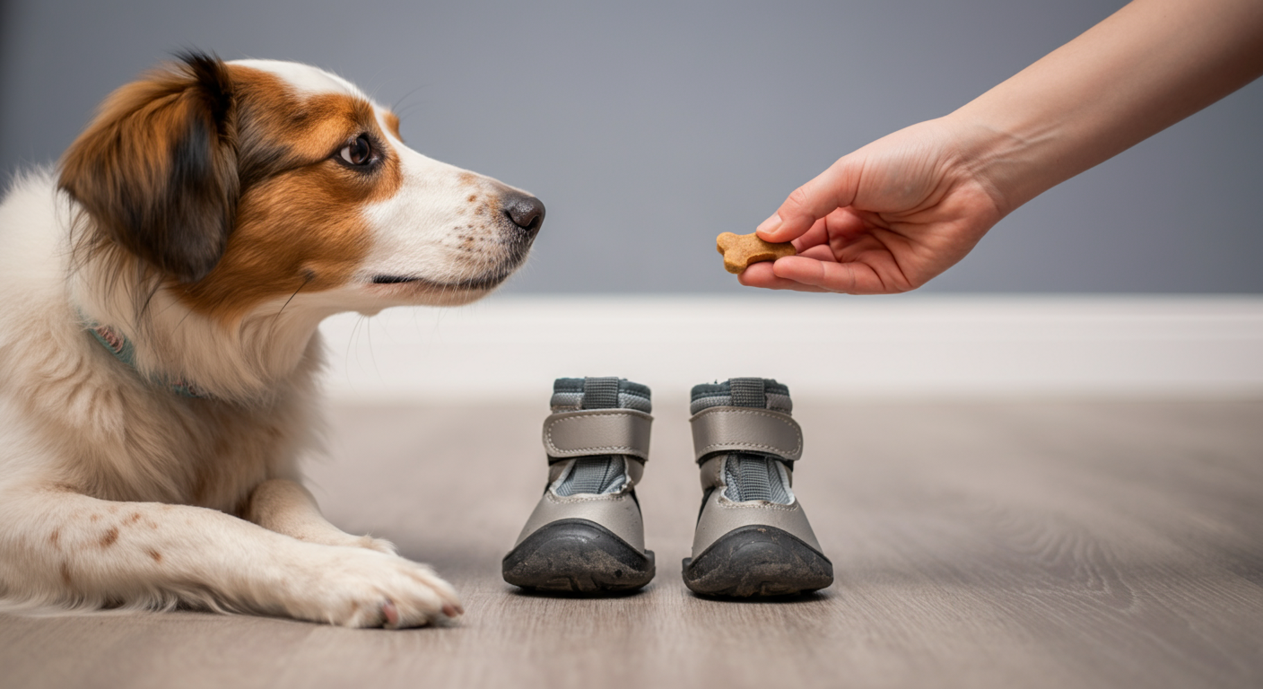 犬用靴のすぐそばで、飼い主が犬におやつを与えている手元の写真。