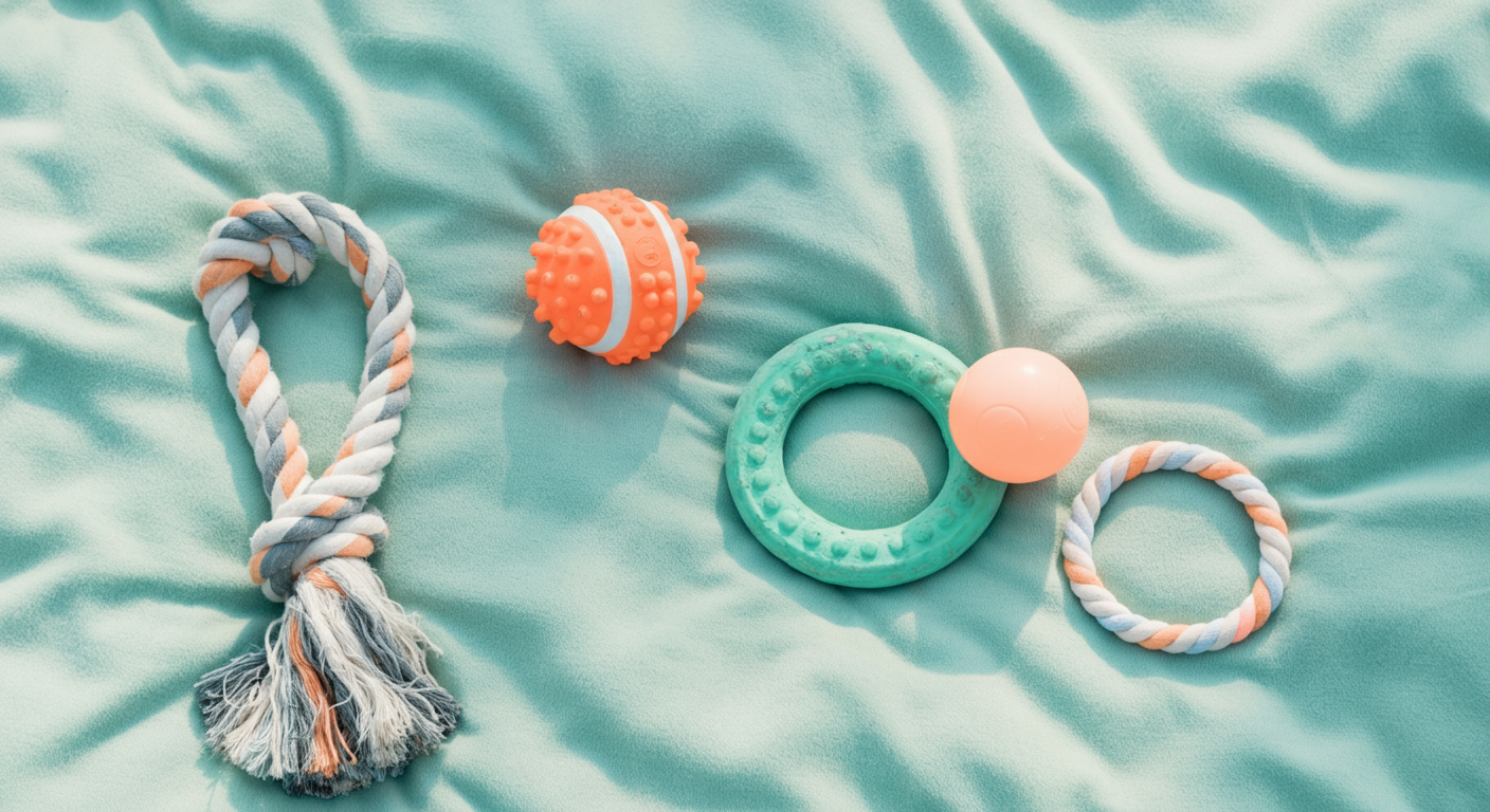 芝生の上に並べられたロープ、ボール、フリスビーなど様々なおもちゃ