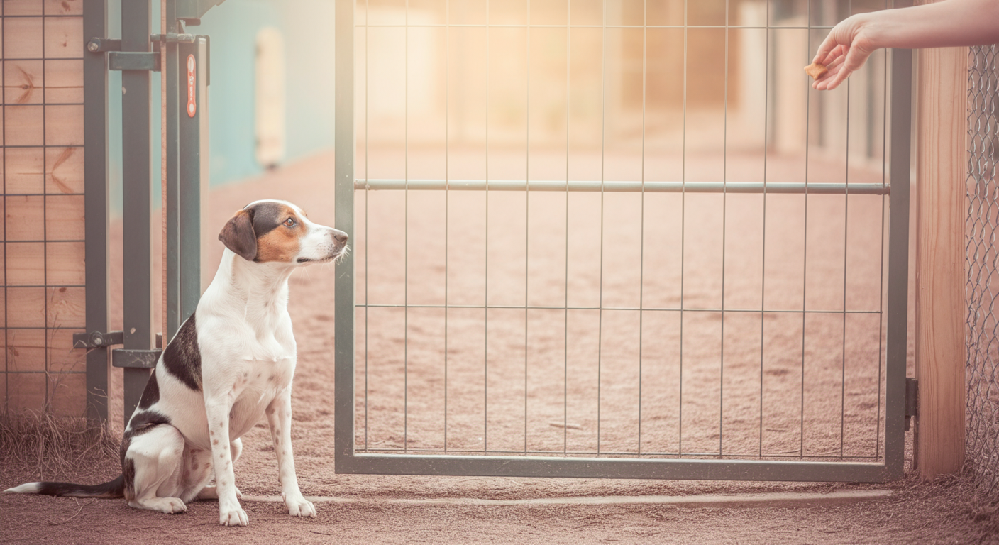ドッグランのゲートの外で、飼い主を見上げておやつを待つ犬。