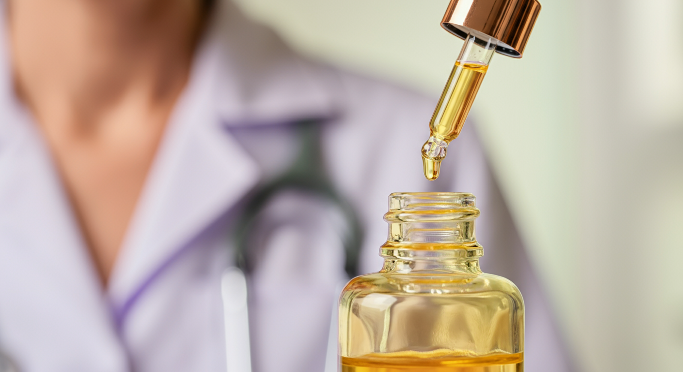 ガラスのスポイトの先端に、一滴のオイルが垂れ下がっているクローズアップ。背景には獣医師の白衣がぼんやりと見える。