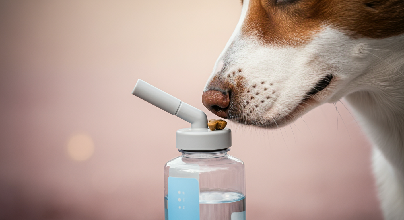 給水ボトルの飲み口の匂いを嗅ぐ犬の鼻のクローズアップ。飲み口の横にはおやつが置かれている。