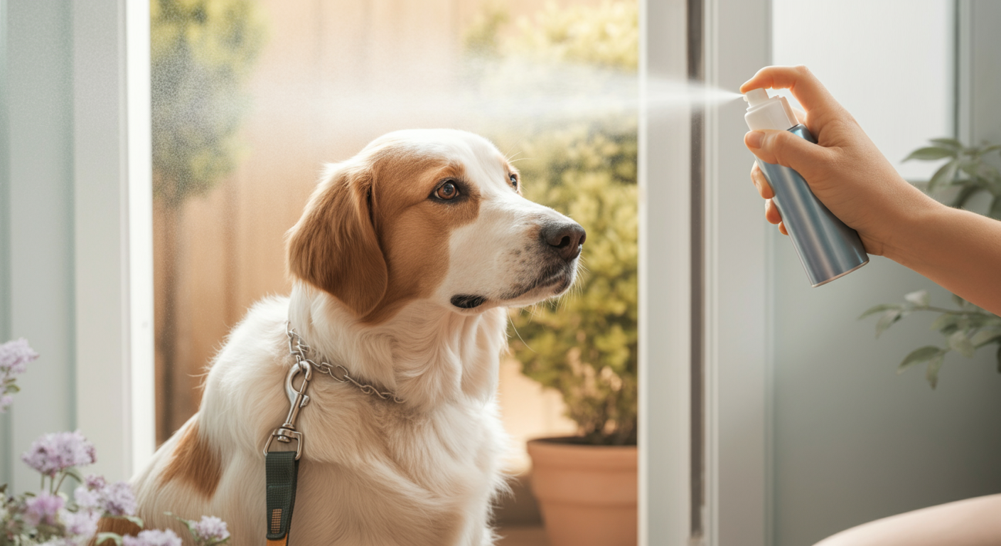 玄関でリードをつけた犬が待っており、飼い主が出かける直前に虫除けスプレーをかけている様子の写真。