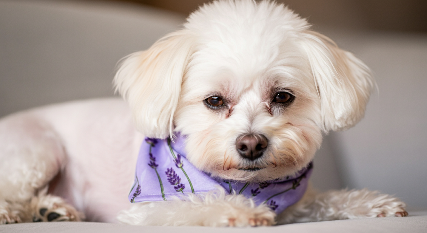 ラベンダー色の柔らかい布製クールネックをつけたビションフリーゼが気持ちよさそうに眠っているクローズアップ。