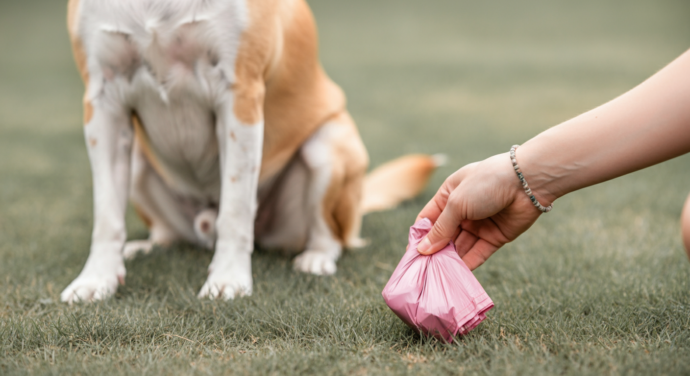 パステルカラーのうんち袋を使って、衛生的にうんちを処理している飼い主の手元のクローズアップ。