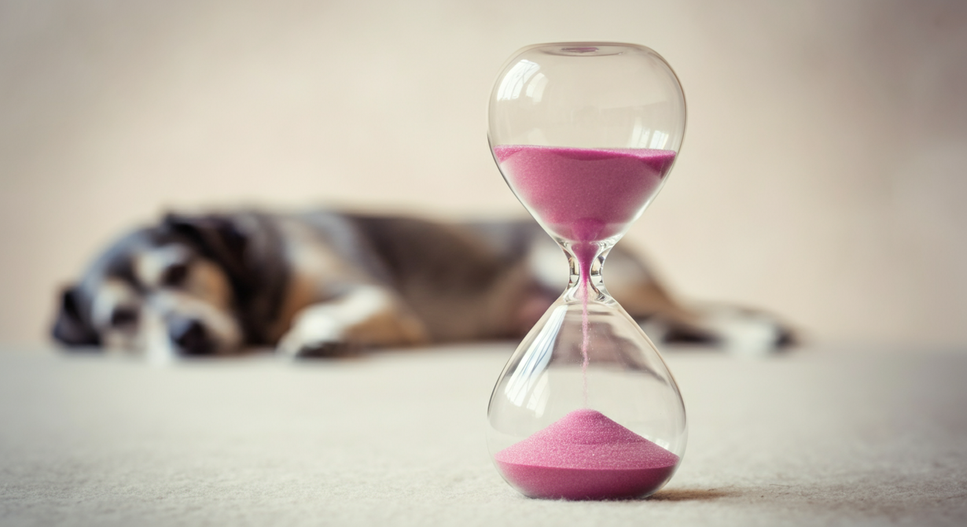 背景にシニア犬のシルエットがぼんやりと見える、ピンク色の砂が入った砂時計。自分のペースで時間を過ごすことの重要性を示している。