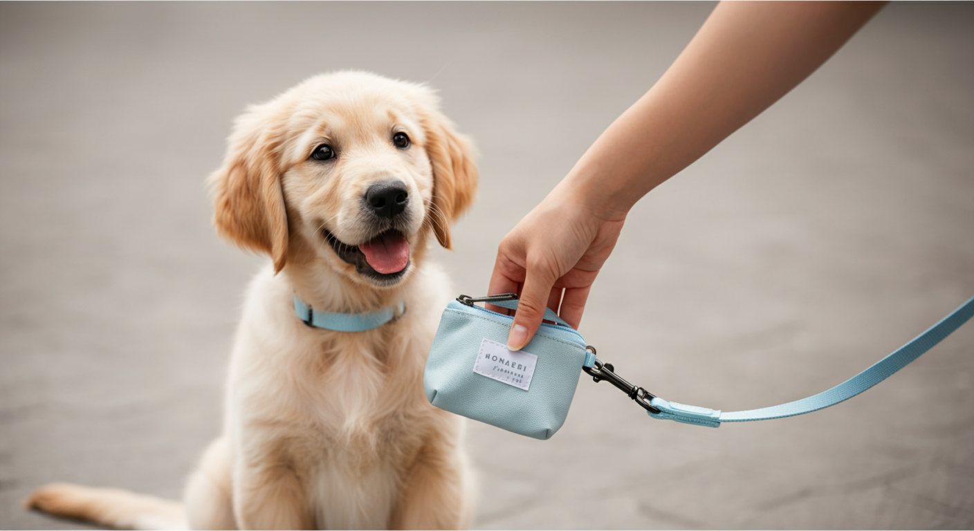 パステルブルーのマナーポーチをリードに取り付けている手元のクローズアップ写真。背景にはゴールデンレトリバーの子犬がぼんやりと写っている。
