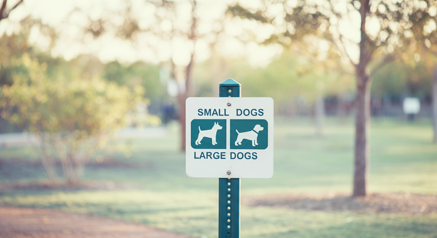「小型犬」「大型犬」を示すシンプルなアイコンが描かれた、ドッグランの案内看板のクローズアップ。