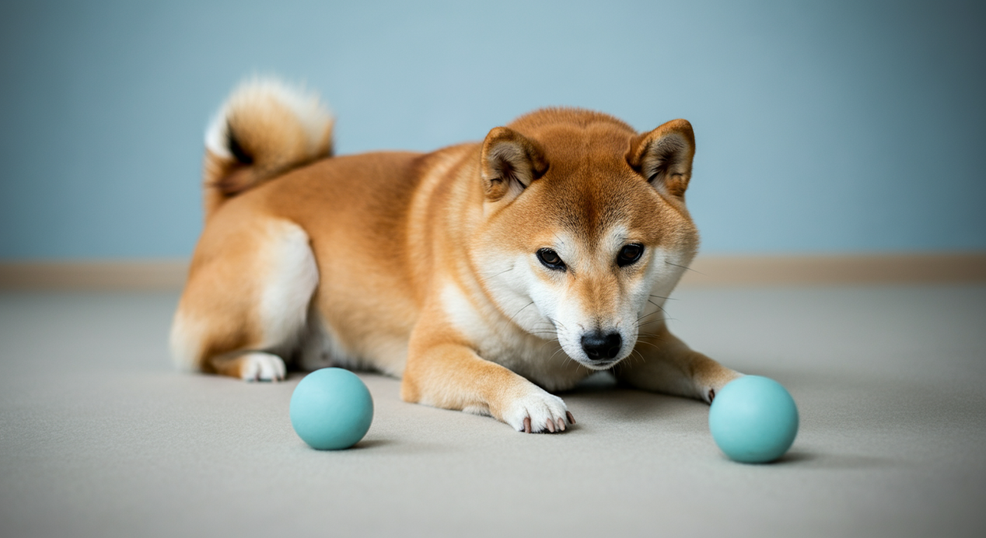 柴犬が自分のボールだけを見つめ、少し離れた場所にある同じボールには関心を示していない写真。