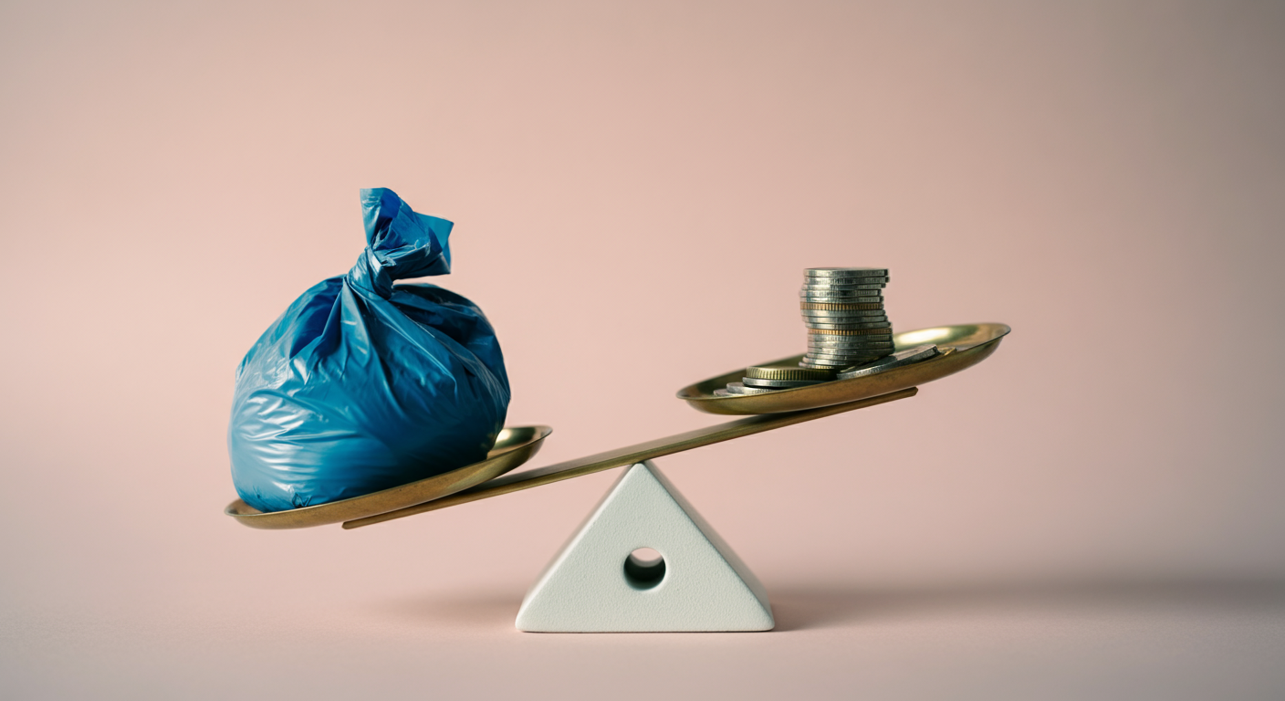 天秤の片方にうんち袋、もう片方にコインが乗って釣り合っている、コストパフォーマンスを象徴する抽象的な写真。