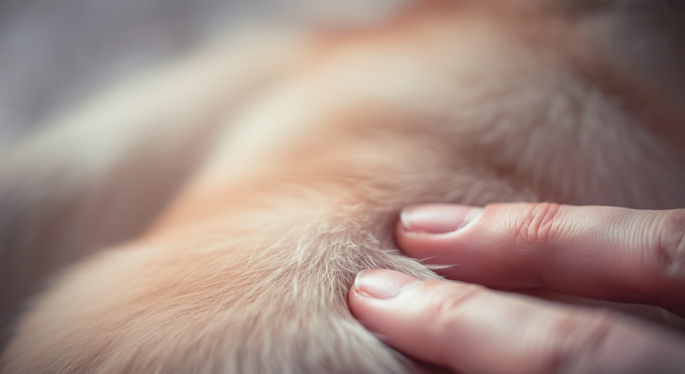 犬の毛の間から見えるデリケートな皮膚の質感をマクロ撮影した画像。人間の指が優しく触れている。