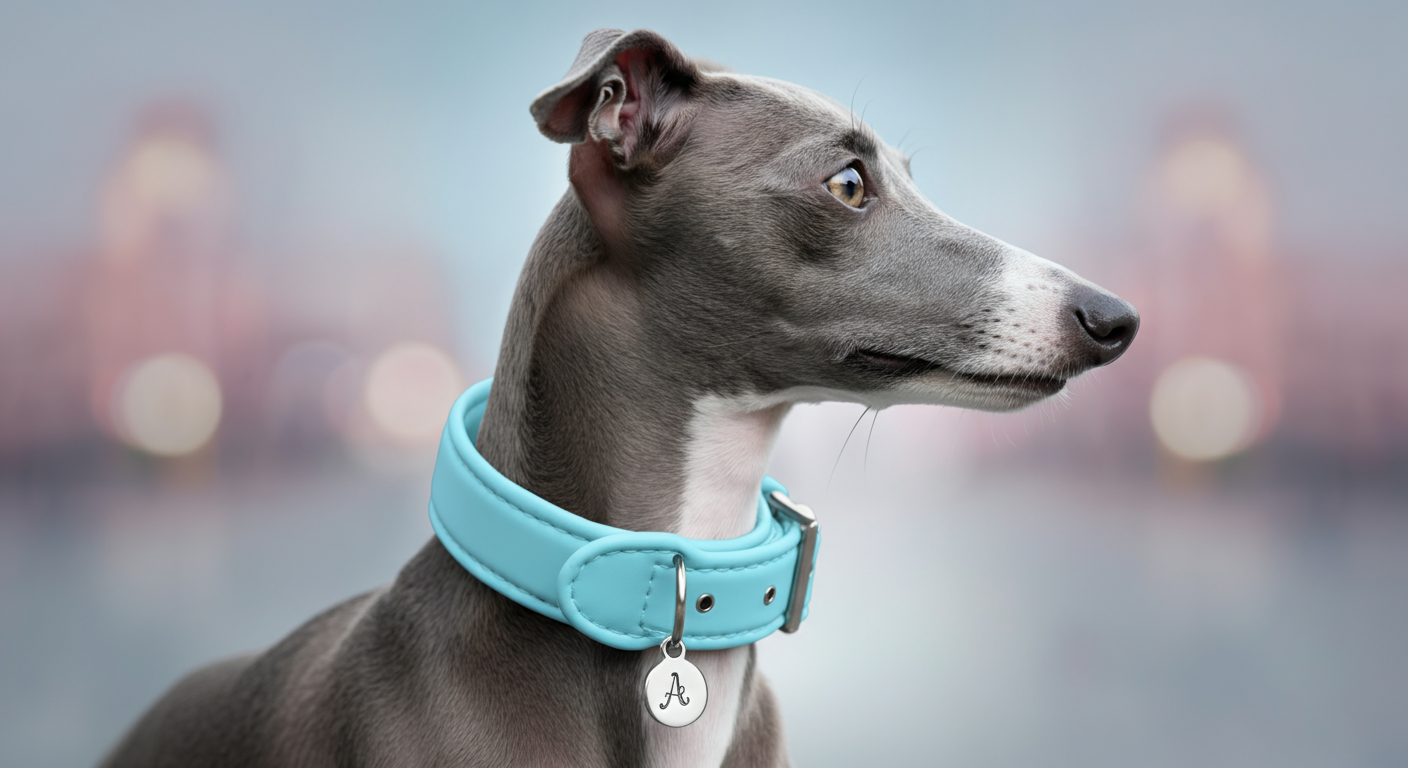 スカイブルーのクールネックをつけたイタリアングレイハウンド。ネックにはイニシャルのシルバーチャームが光っている。