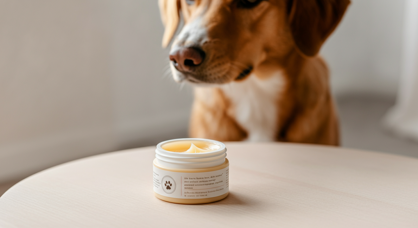 ミニマルなデザインの肉球クリームのジャーと、その匂いをかいでいる犬の鼻先の写真。