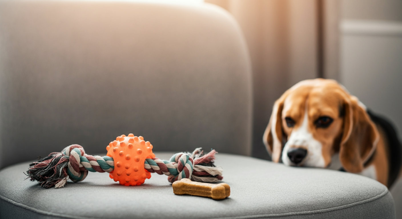 新しい犬用椅子の上に、おもちゃとおやつが置かれている。犬の鼻が近づいている。