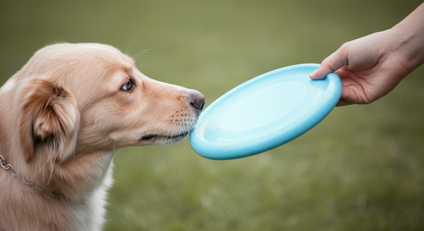 芝生の上で、人の手が差し出したパステルブルーのフリスビーに犬が優しく鼻を近づけているクローズアップ写真。