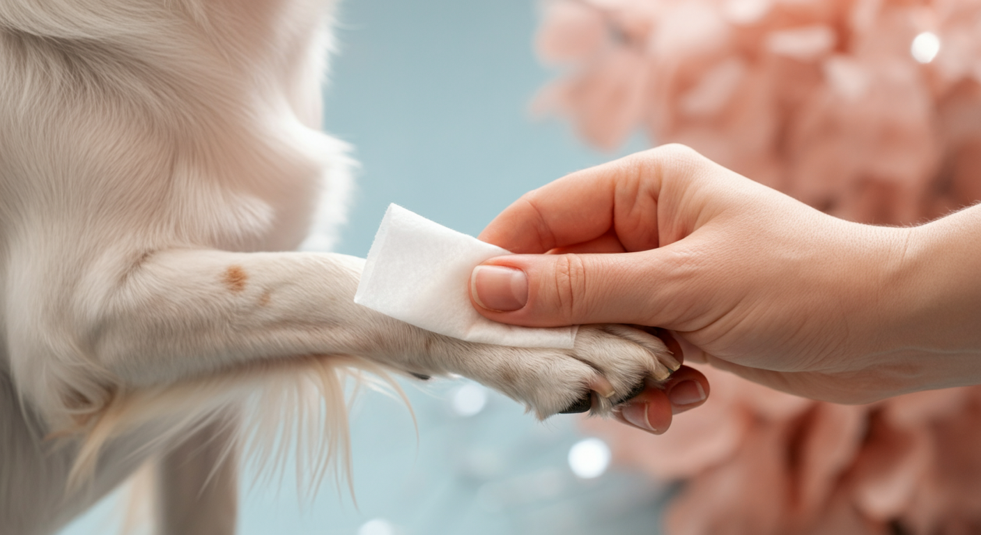 パステルカラーの柔らかな光の中で、人の手がウェットティッシュで犬の足を優しく拭いているクローズアップ写真。
