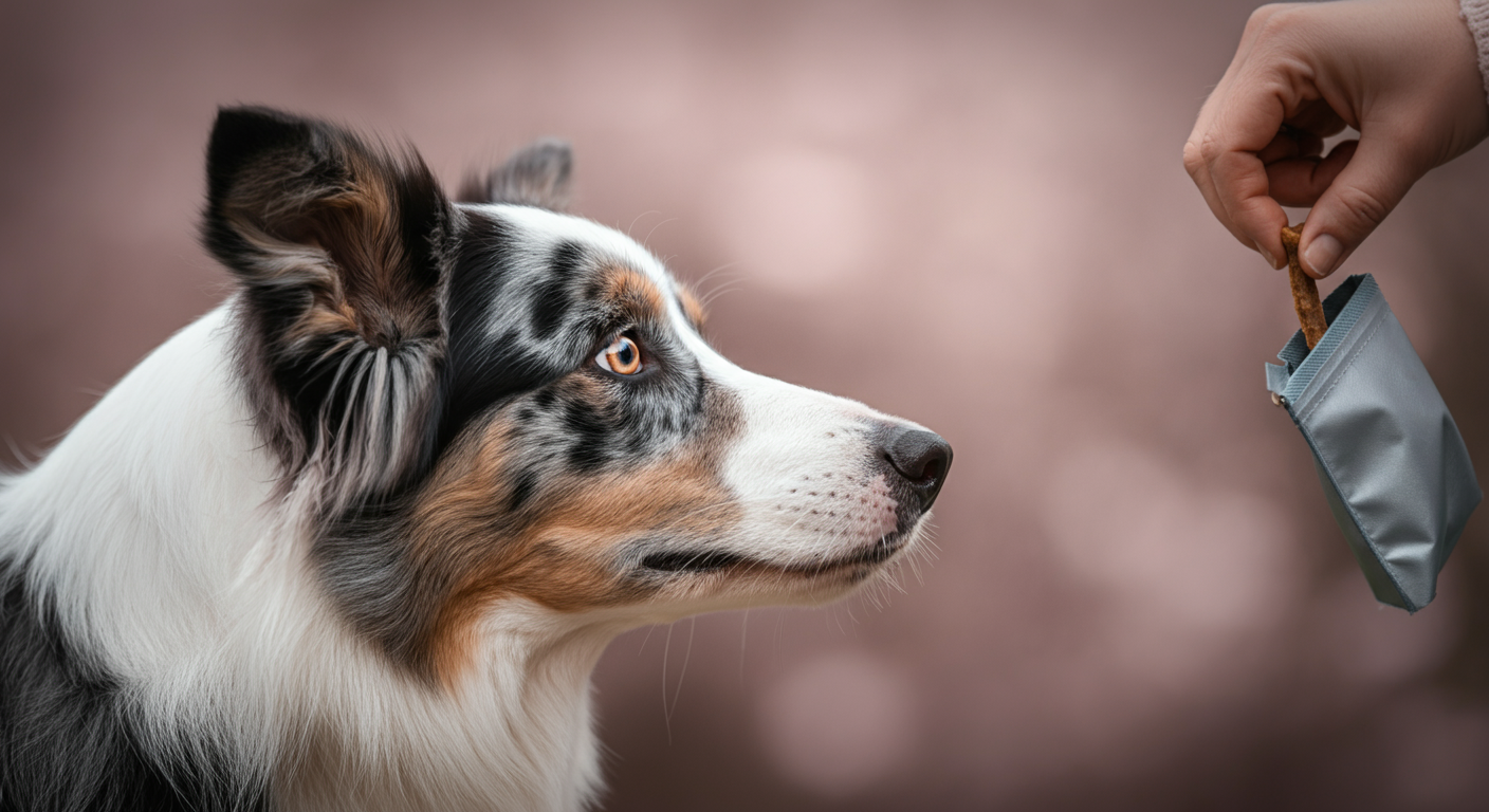 飼い主の顔を真剣に見つめる一匹のボーダーコリーの横顔。その口元にはご褒美のトリーツを差し出す手が見える。