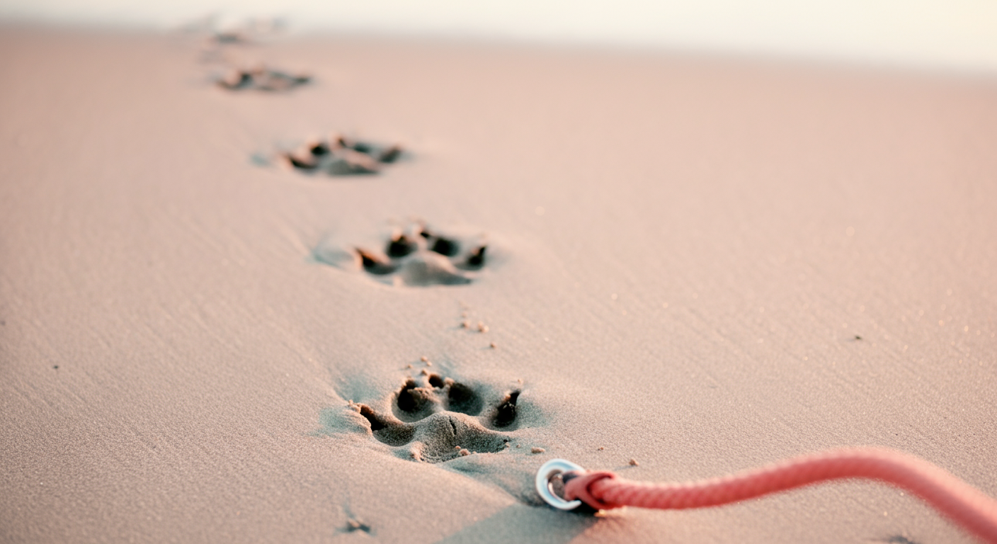 濡れた砂浜に残された犬の楽しげな足跡が、パステルカラーの海に向かって続いている。フレームの端に、コーラル色のロングリードの先端がわずかに見えている。
