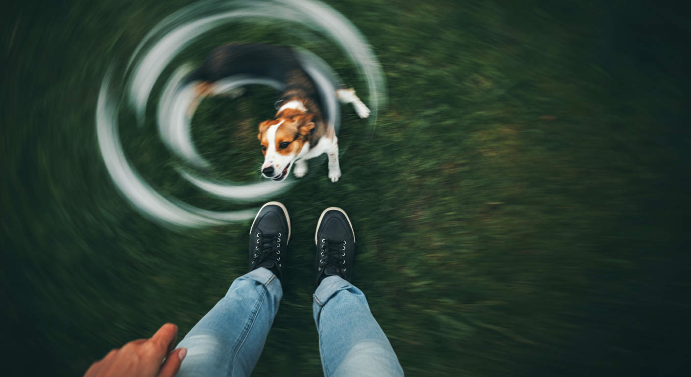 飼い主の足元を、犬がぐるりと回っている様子のモーションブラー写真。