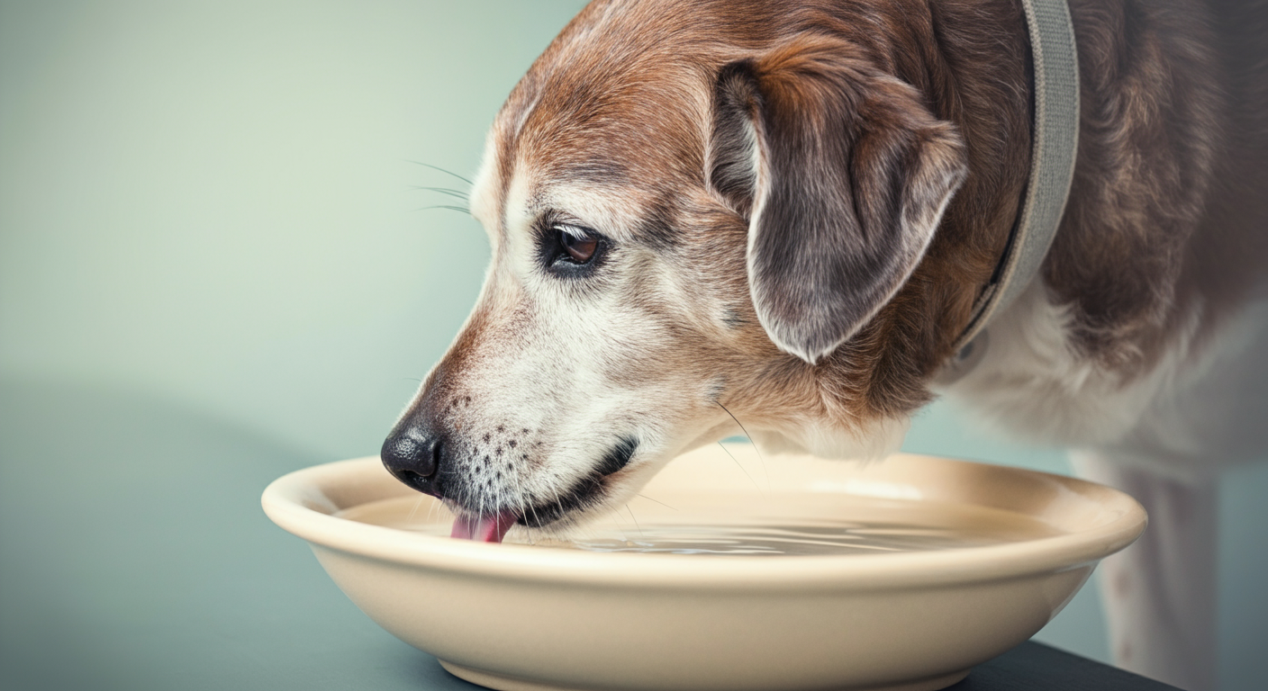 口元が白くなった老犬が、穏やかな表情で浅いお皿から水を飲んでいる横顔。
