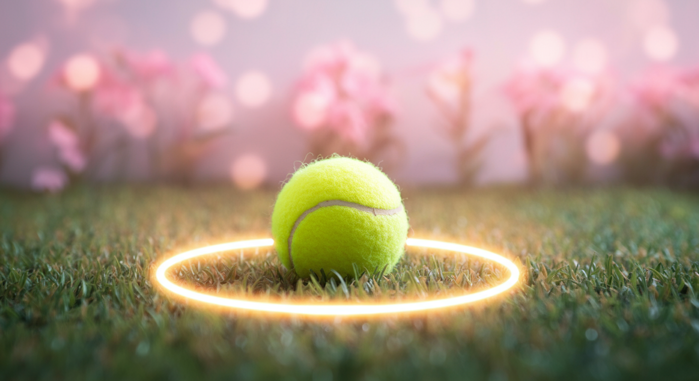芝生の上のテニスボールを、光の仮想フェンスが囲んでいるイメージ写真。