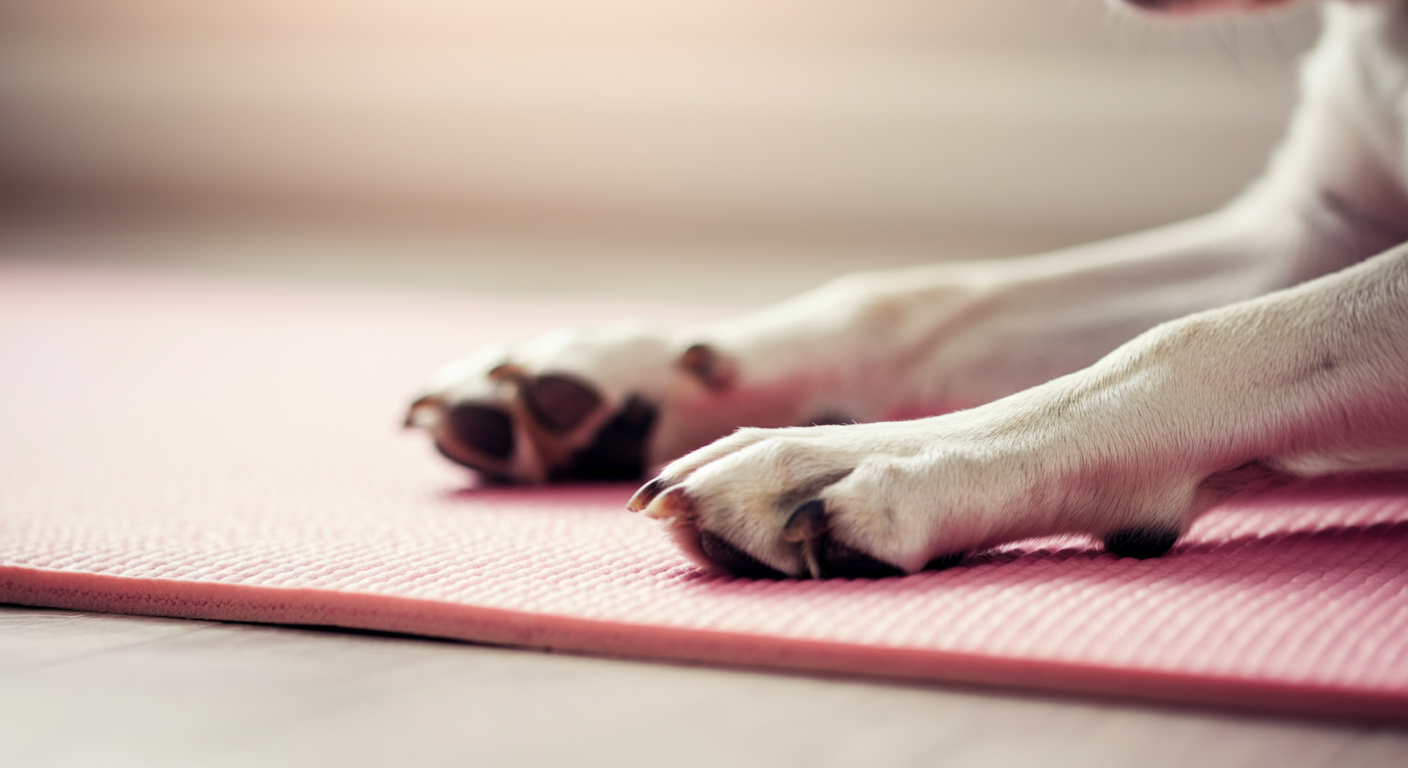 パステルピンクのマットの上で優しく伸びをしている犬の足先のクローズアップ写真。