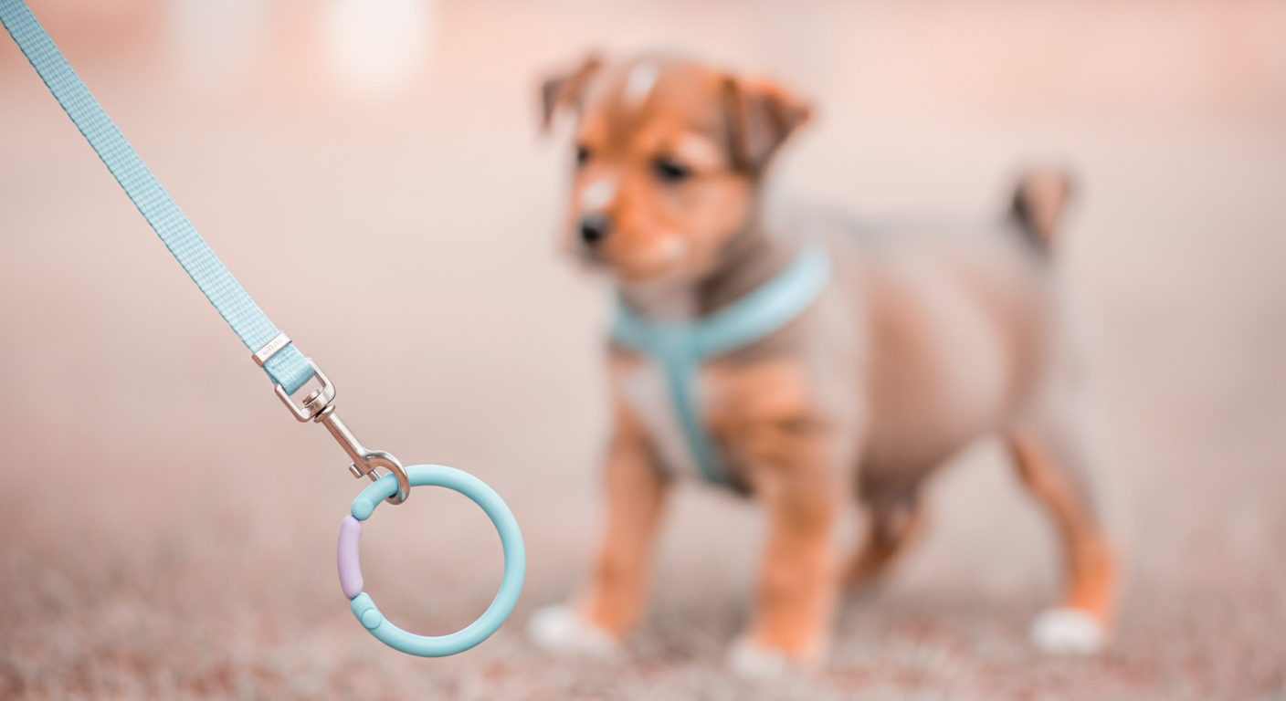 パステルブルーのリードを握る手と、背景にぼんやりと見える子犬。