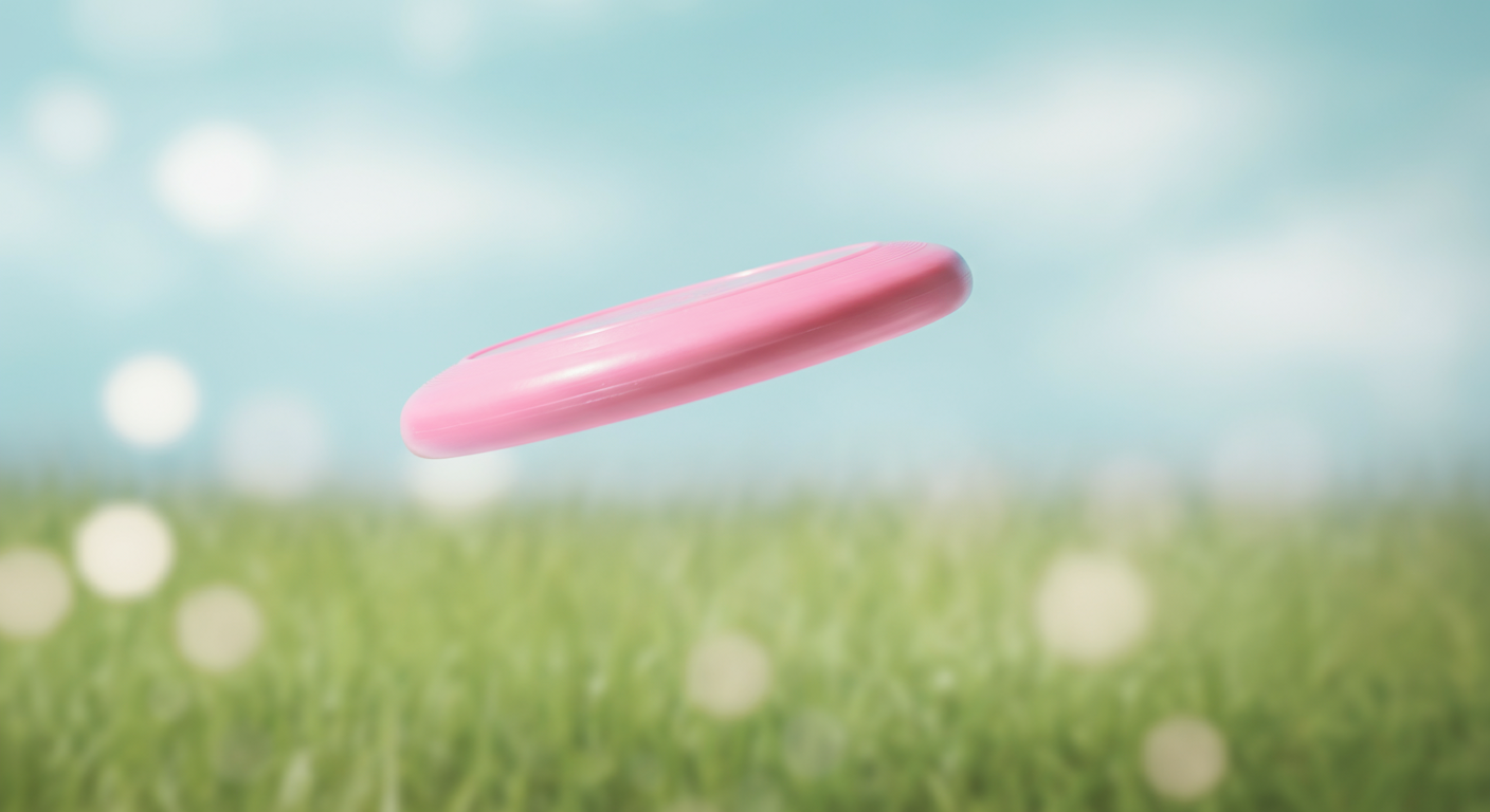 柔らかな光の中、パステルピンクのフリスビーが緑の芝生と青空を背景に宙に浮いている。動きと楽しさを感じさせるミニマルな写真。