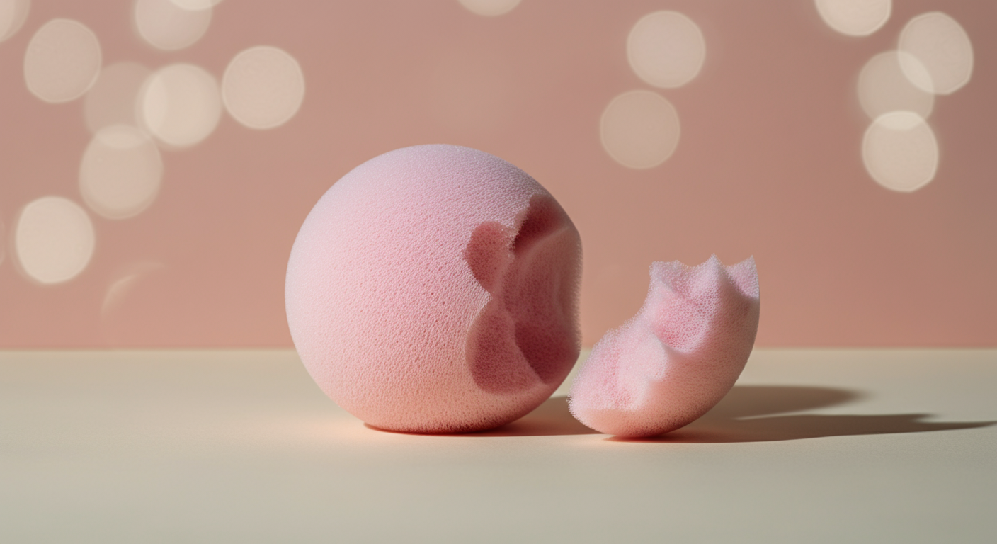 ちぎれた破片が隣に置かれた、非常に柔らかいスポンジ製のボールの写真。