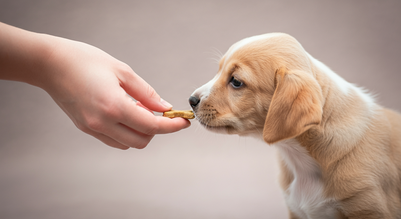 人の手が子犬に優しくおやつを差し出している様子