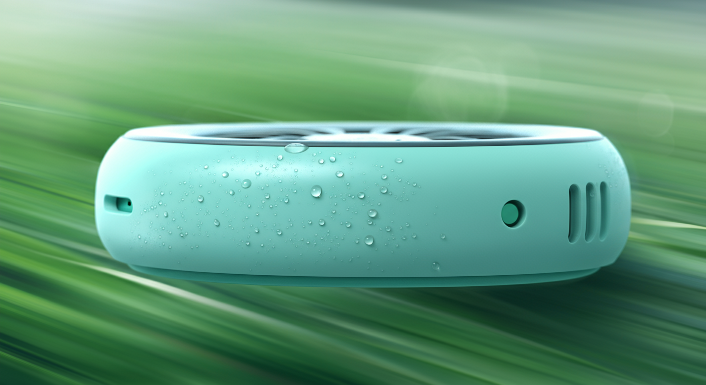 ミントグリーンのPCM素材クールリングのクローズアップ。表面に微細な水滴がついており、背景は流れるような緑の芝生。