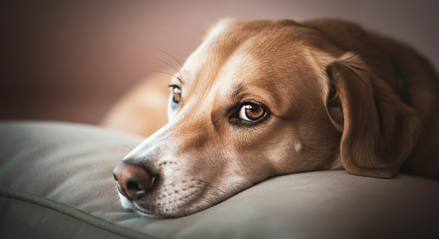 薄暗い部屋のクッションの上で、静かに休んでいる犬の顔のアップ。