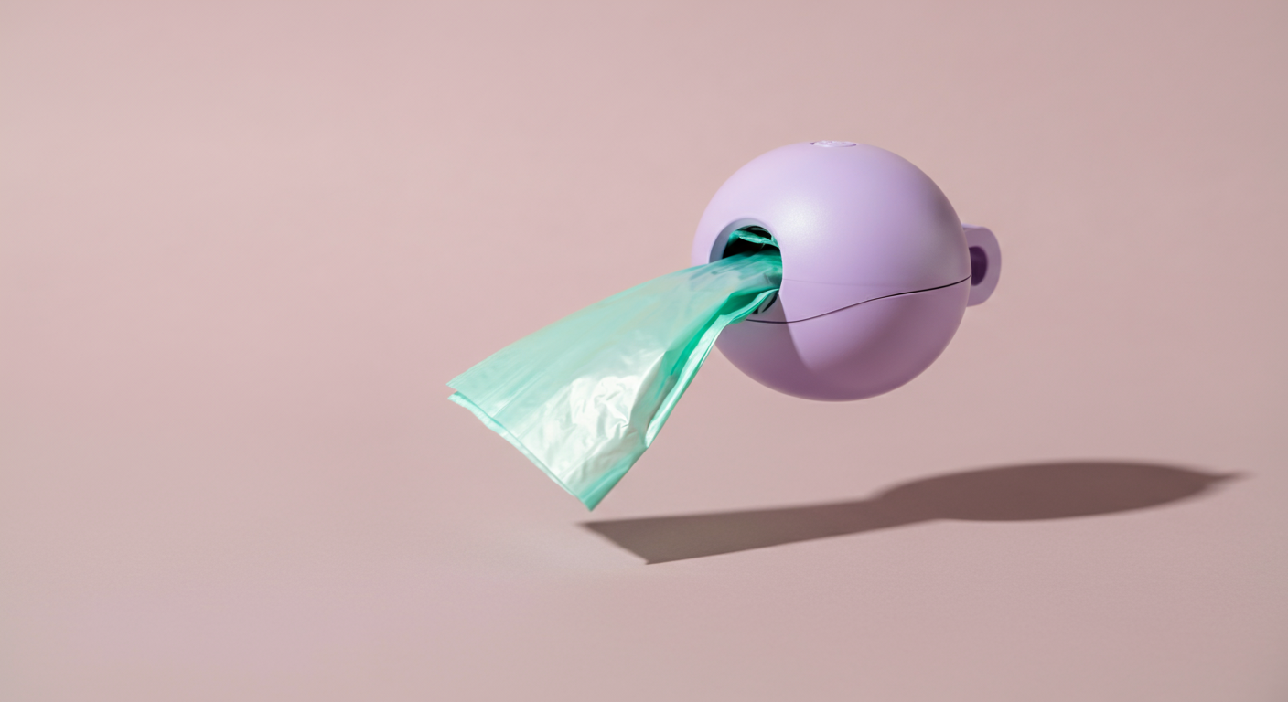 マットなパステルラベンダー色のおしゃれなディスペンサーから、うんち袋がスムーズに出てくる瞬間を捉えた写真。