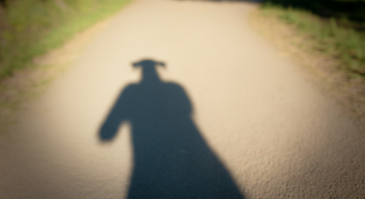 夕暮れの光の中、地面に長く伸びる犬の影