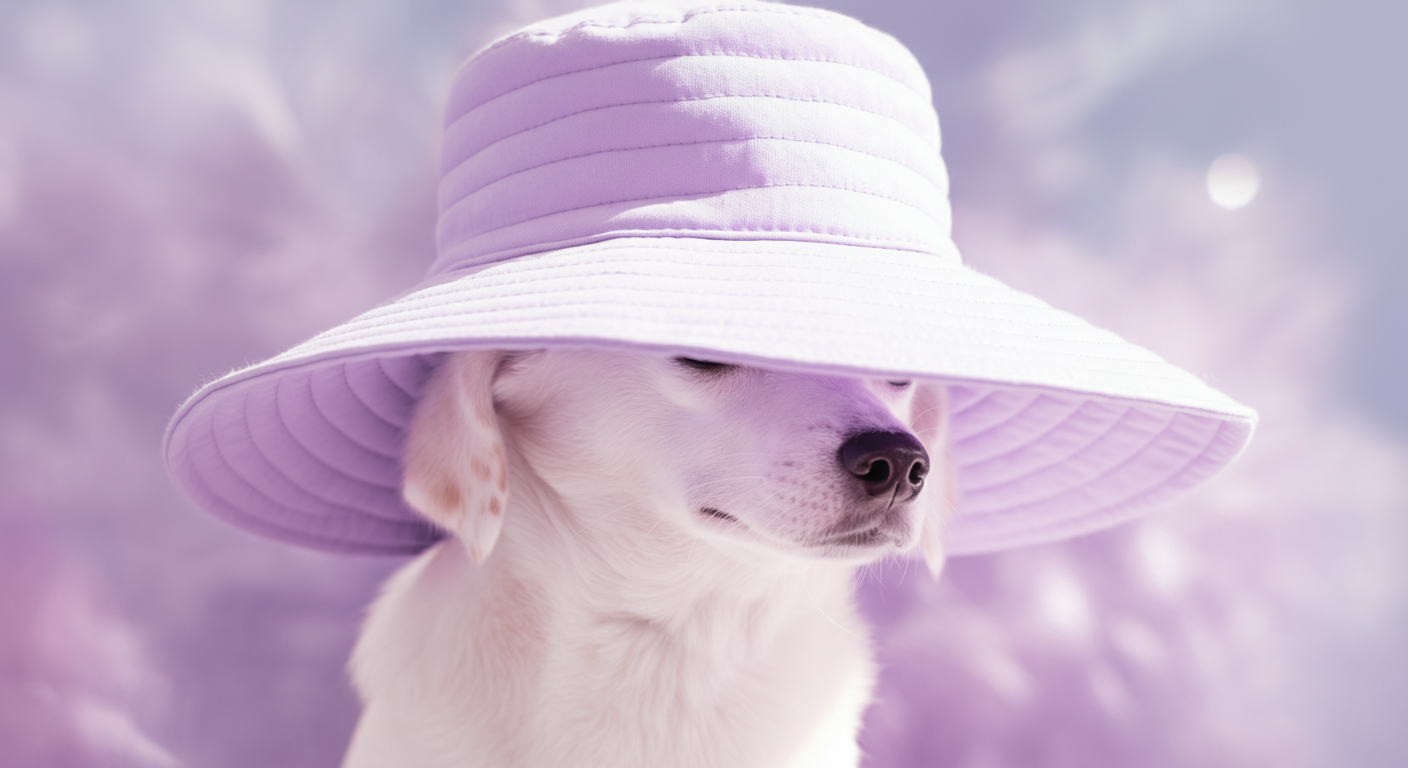 犬用の帽子のつばの下からの視点。外の景色が柔らかい光になっている抽象的な写真。
