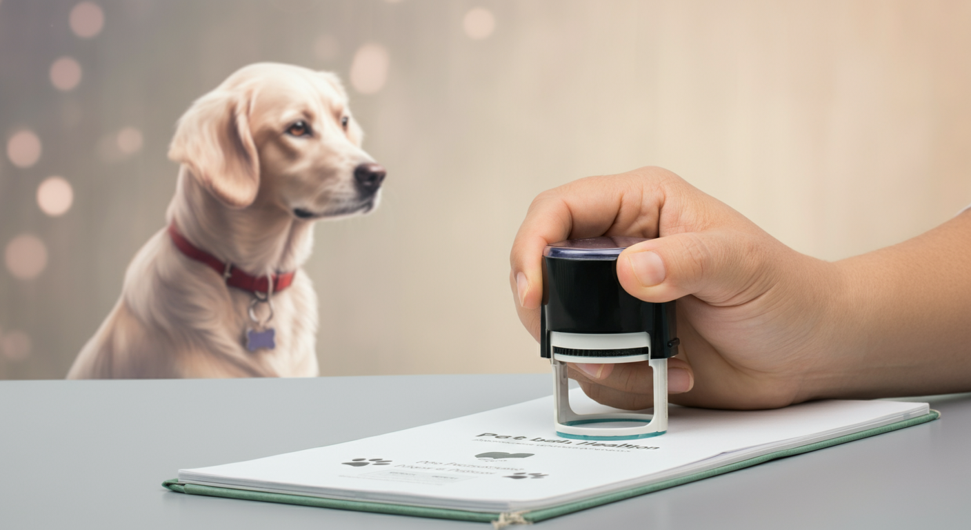 獣医師がペットの健康手帳にスタンプを押している手元のクローズアップ。