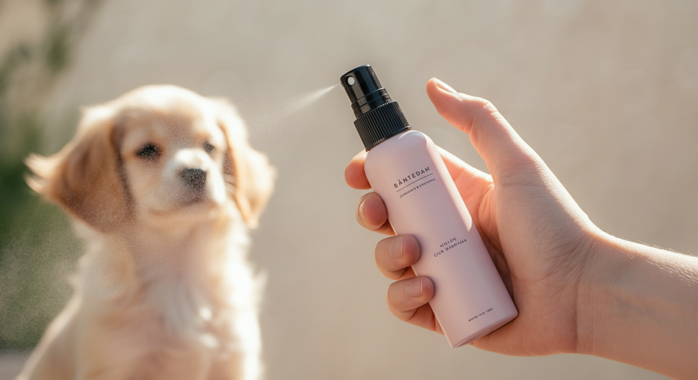 飼い主がおしゃれな携帯用スプレーボトルを持っている。背景には犬がぼやけて写っている。