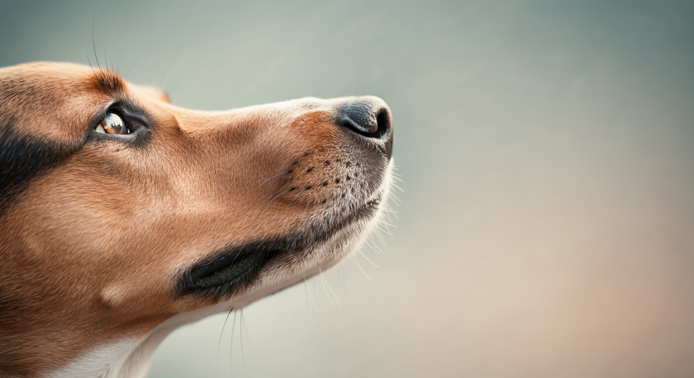 匂いを嗅いで情報を集めている犬の鼻先のクローズアップ。犬の感覚とコミュニケーションの世界を表現している。