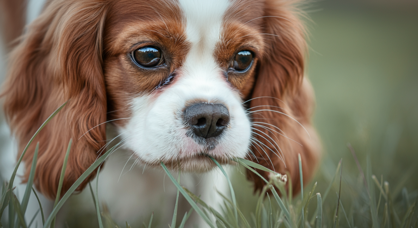 草の匂いを嗅いでいるキャバリアの鼻先のクローズアップ写真。探求心のイメージ。