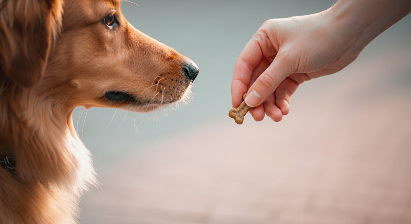 パステルカラーの柔らかな光の中で、人間の手が犬に小さなおやつを優しく差し出しているクローズアップ写真。