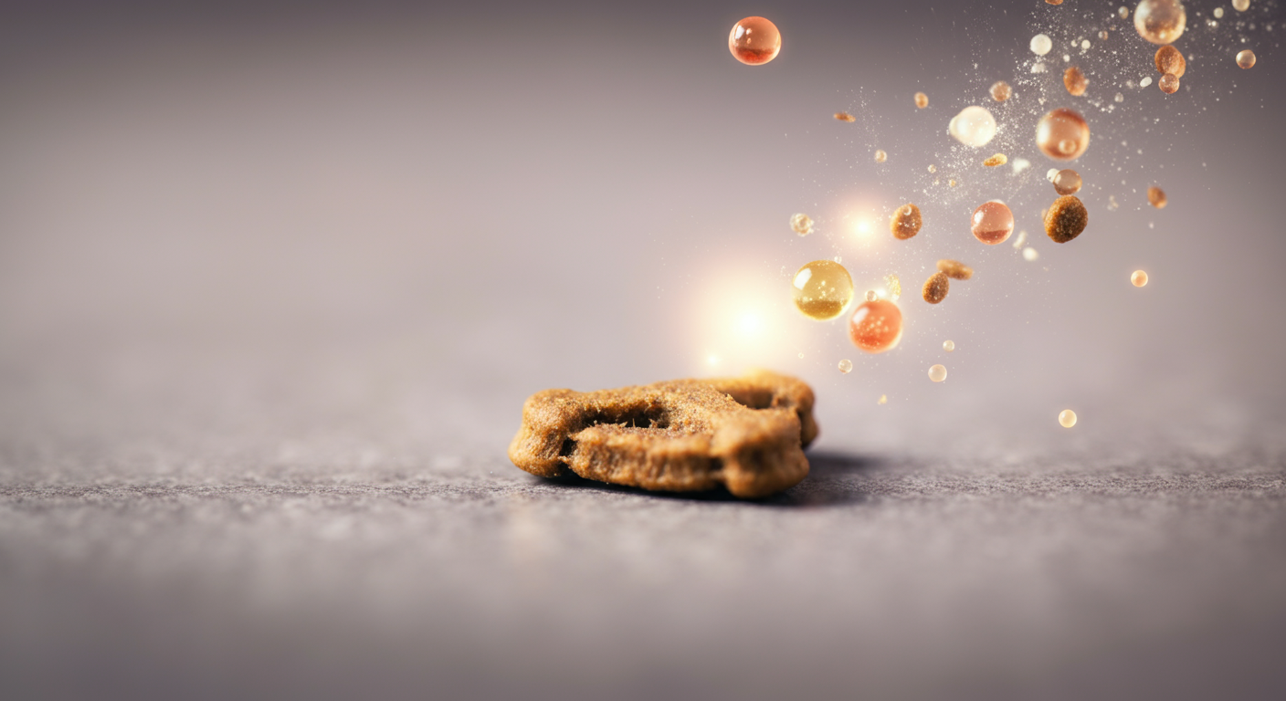 栄養素を象徴する光る粒子に囲まれた一粒のドッグフードのマクロ撮影