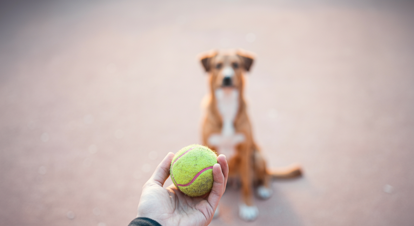 ボールを投げようとしている飼い主の手と、少し離れて待っている犬