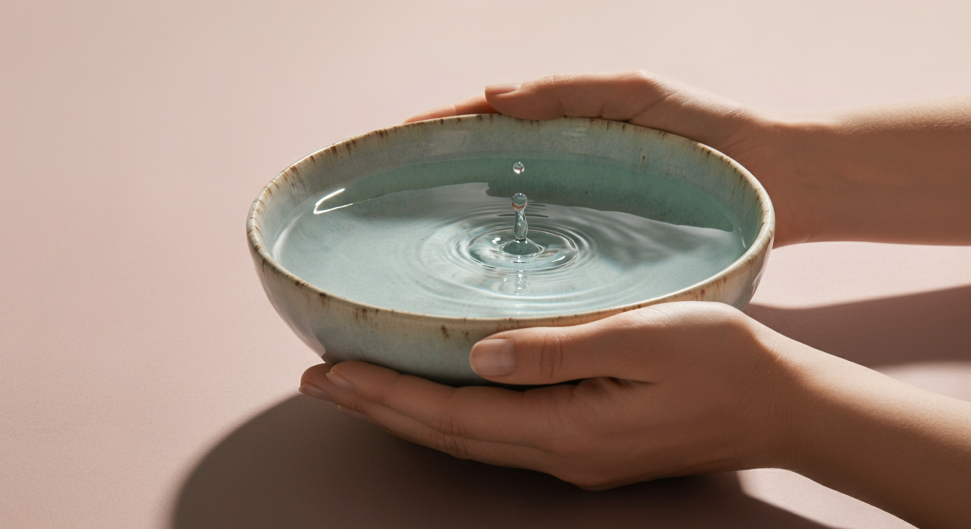 人の両手が、水面が穏やかに波打つセラミックのボウルを優しく包み込んでいる、ケアを象徴する写真。