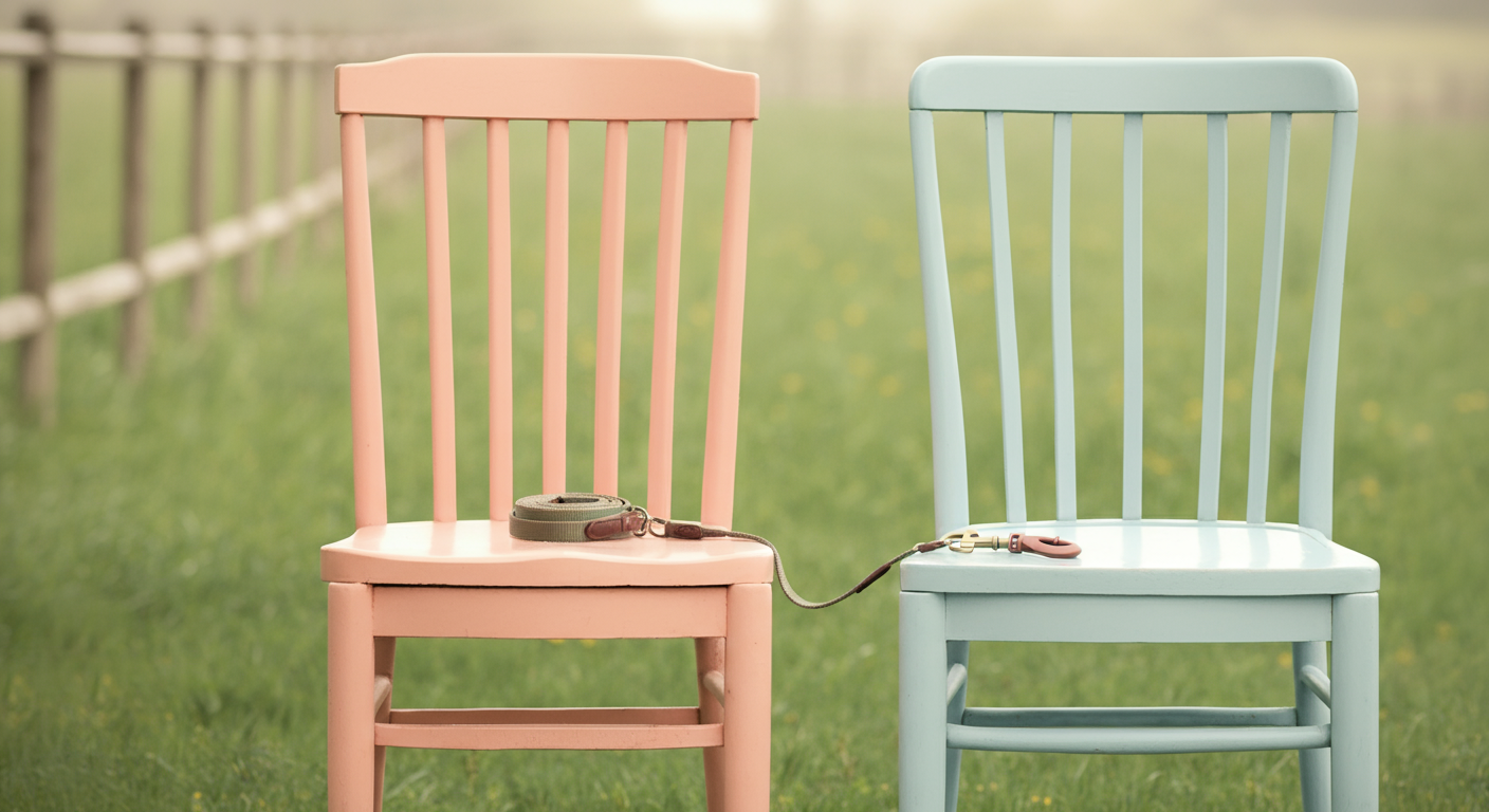 ドッグランのフェンス際に、適切な距離を保って置かれた2つのパステルカラーの椅子。周りへの配慮を象徴している。