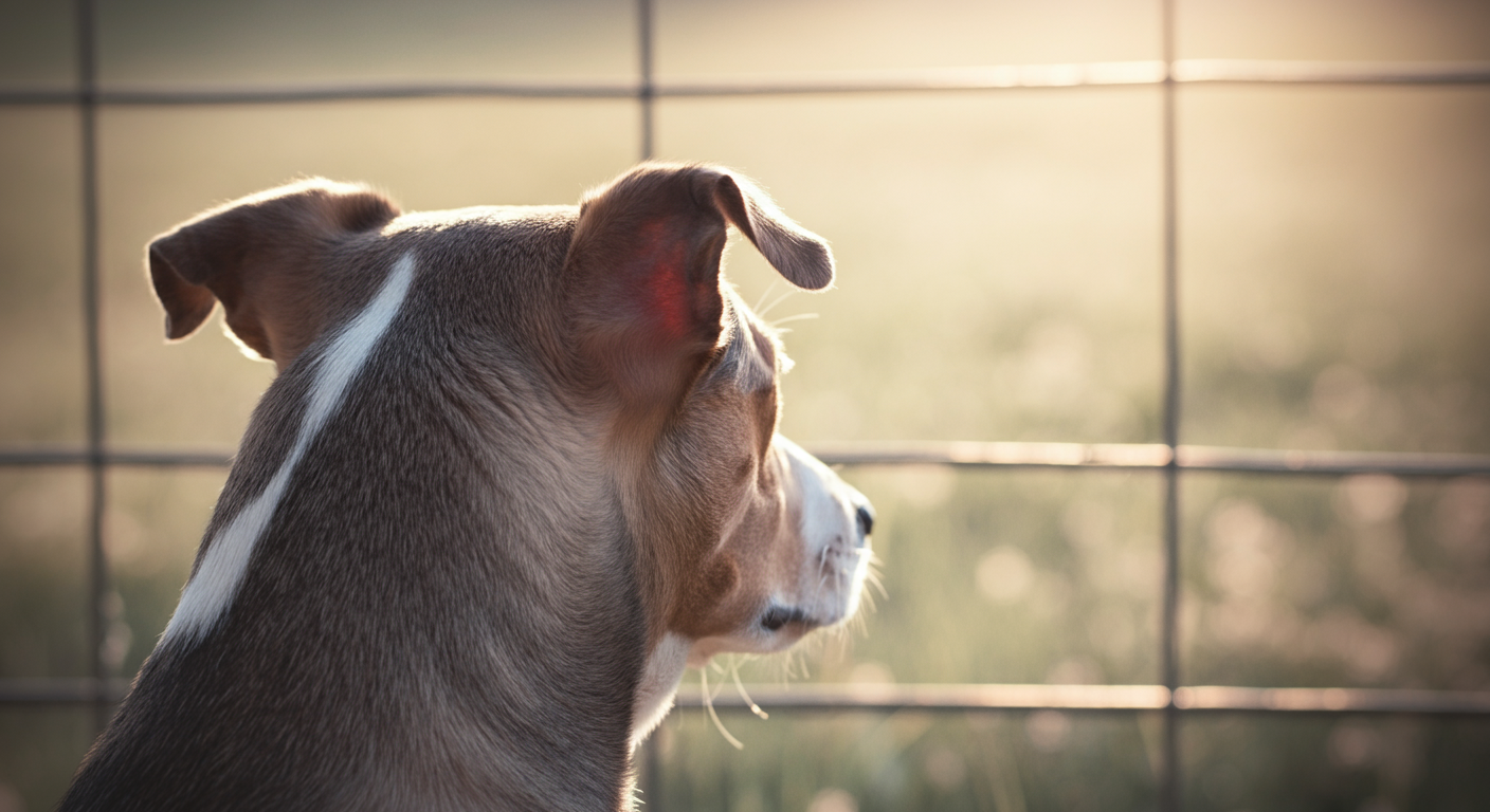フェンス越しにドッグランの中を静かに見つめている一匹の犬の後ろ姿。