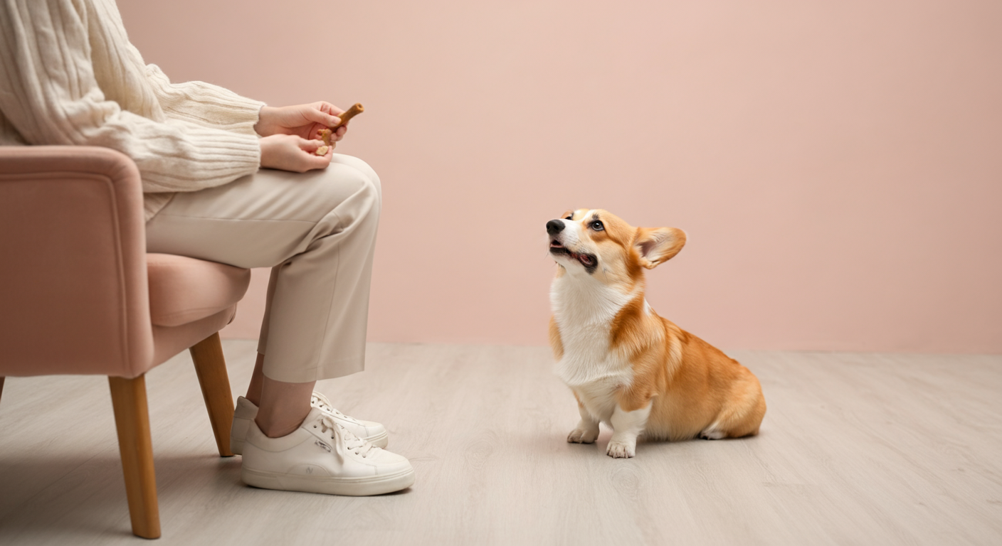 椅子に座る飼い主の手にあるおやつを、お座りして見上げるコーギー。ドッグランでのトレーニング風景。