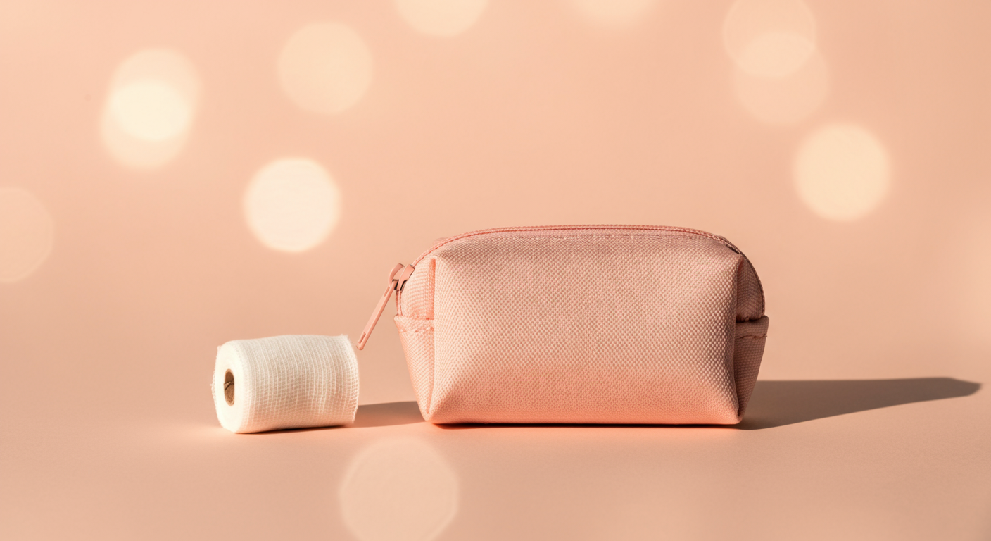 小さなパステルカラーの救急ポーチと、その横に置かれた一つの包帯。最小限でも重要な備えを表現。