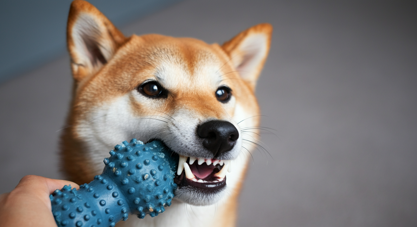 丈夫なゴム製のおもちゃをしっかりと咥えている柴犬の、力強い顎と歯に焦点を当てたマクロ写真。