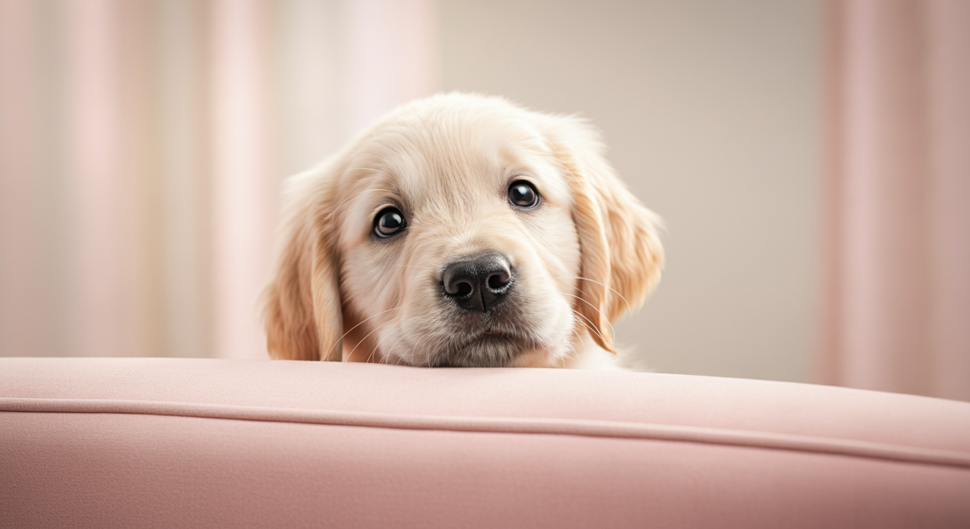 ソファの後ろから好奇心旺盛な目でのぞき込む子犬